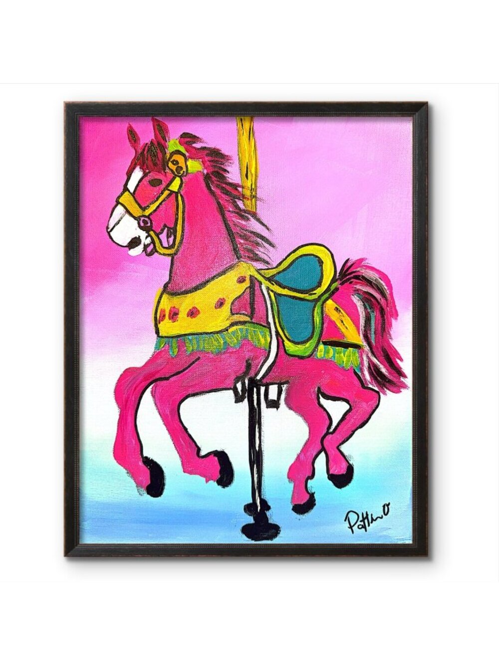 Carousel Horse  Painting Acrylic Canvas Hand Painted 11x14 Folk Art Wall Decor S